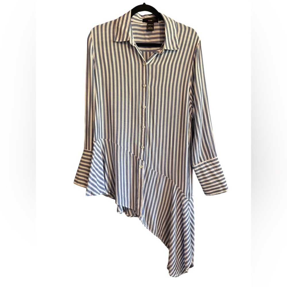 RAIN Woman's Striped Asymmetrical Hem Long Sleeve Button Down Shirt, Size L